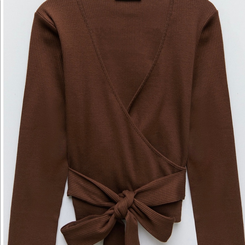 Zara ribbed wrap chocolate top